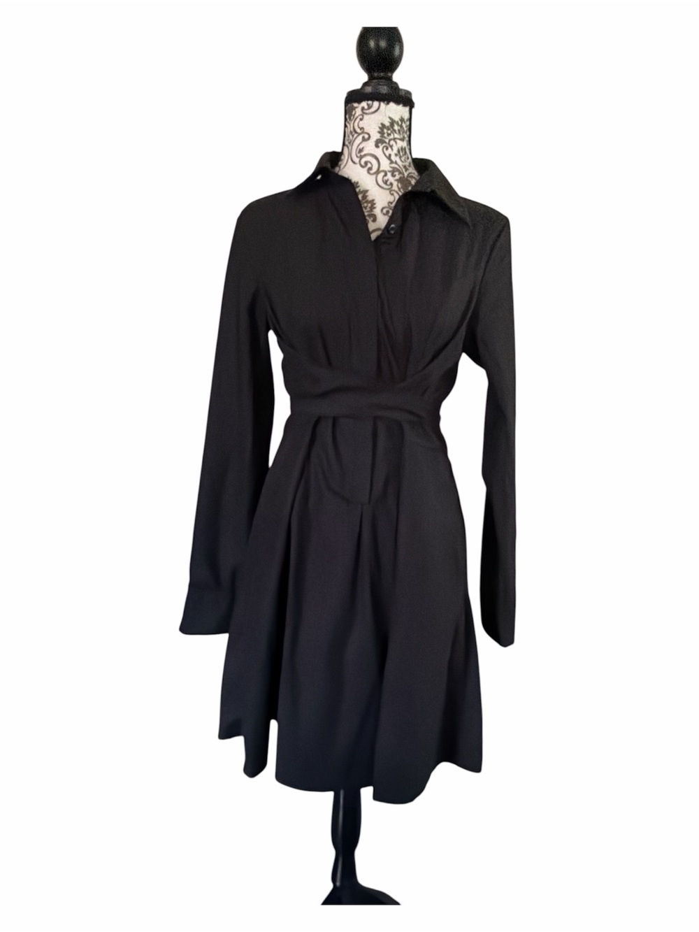 Black Long-Sleeve Wrap Shirt Dress - Women